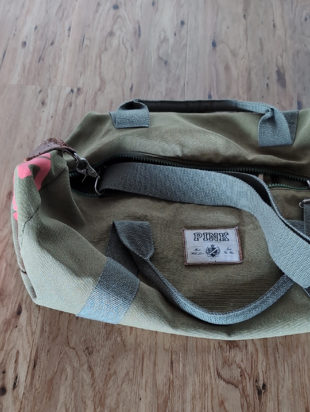 PINK Victoria's Secret Olive Canvas Duffel with Pink Accent